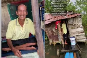 Bersyukur di tengah ketidakmampuan, 9 potret kakek tinggal di gubuk miring atas rawa ini bikin miris