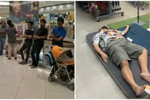 11 Potret kocak bapak-bapak temani istri belanja, capek dan gabut banget