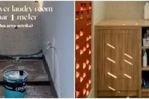 Ruangan kosong lebar satu meter di makeover jadi area laundry dan setrika, meski sempit tapi nyaman