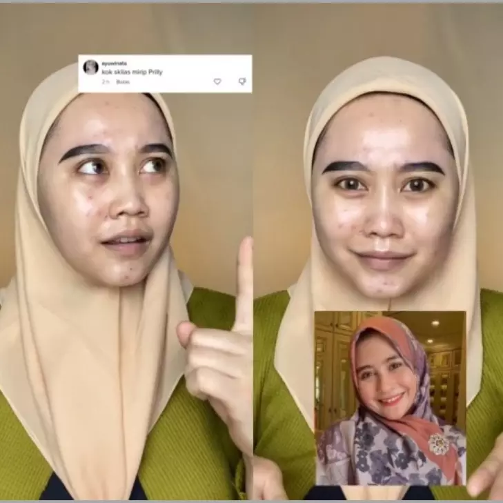 Potret before-after wanita recreate makeup ala Prilly Latuconsina, mirip pol sampai susah dibedain