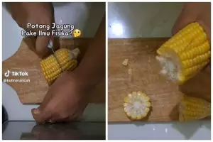 Tanpa ditekan kuat atau pakai pisau besar, wanita ini tunjukkan trik potong jagung agar mudah terbelah
