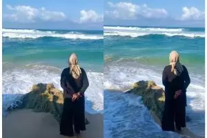 Niatnya healing, momen wanita saat berfoto di pantai ini endingnya gagal estetik parah