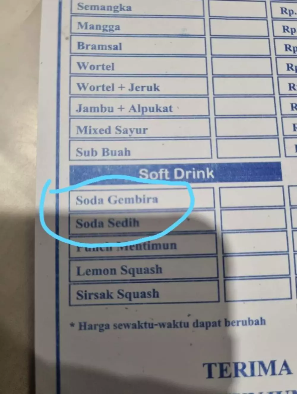Potret kocak nama menu nyeleneh di nota Berbagai sumber