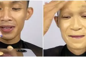 Pakai foundation 15 pump, transformasi pria usai makeup ini hasilnya flawless abis antidempul
