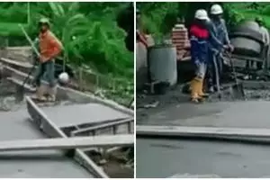 Lihat jalanan baru dicor, aksi tak terduga pengendara motor ini bikin melongo keheranan
