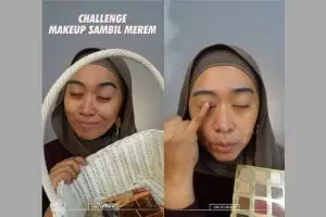 Ditantang makeup sambil merem, potret wanita rias wajahnya ini hasilnya malah bikin ngakak