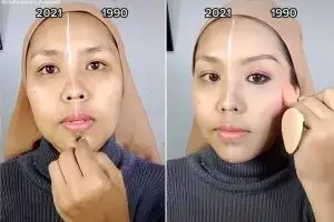Potret wanita bikin makeup look jadul vs modern dalam satu wajah, bukti bedanya signifikan