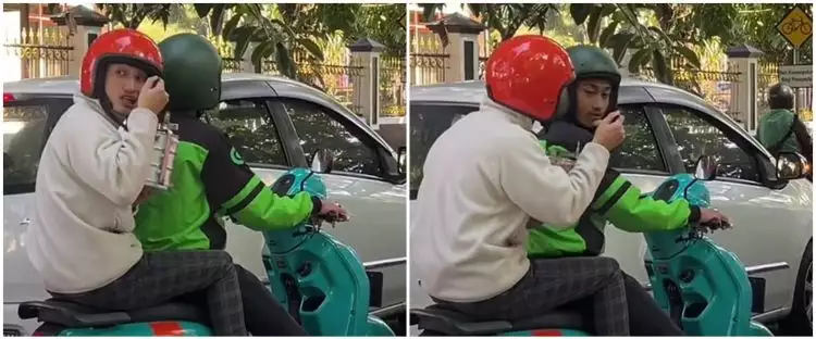 Aksi kocak pria makan di motor saat diantar ojek online ini bikin ngakak, bawaannya rantang