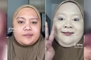 Pakai dempul tebal satu muka, perubahan wanita usai makeup ini hasilnya bikin acungkan jempol