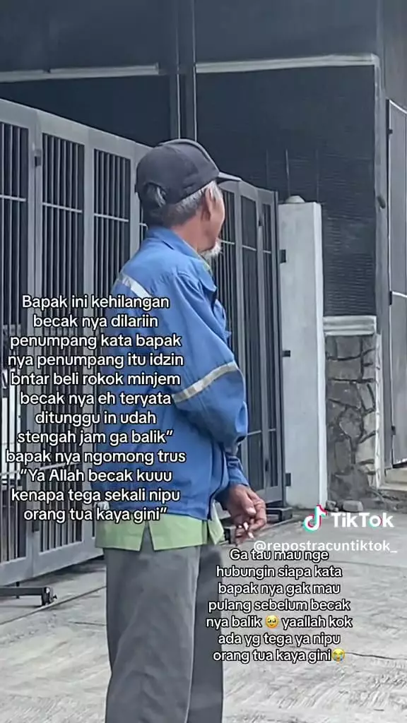 Pak tua menangis karena becaknya dilarikan penumpang © TikTok Pak tua menangis karena becaknya dilarikan penumpang © TikTok