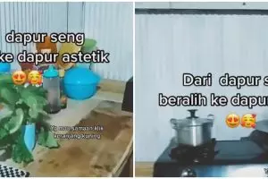 7 Potret dapur sempit dinding seng di-makeover cuma pakai wallpaper Rp 100 ribuan, hasilnya estetik