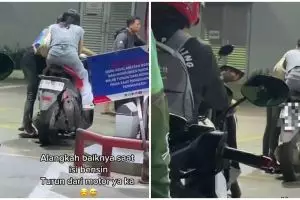 Cewek ini nggak mau turun dari motor waktu ngisi bensin, endingnya bikin ngakak