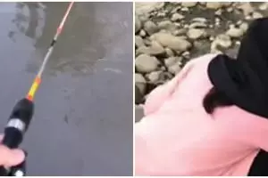 Temani pacar mancing di sungai, aksi wanita menghilangkan bosan ini di luar dugaan