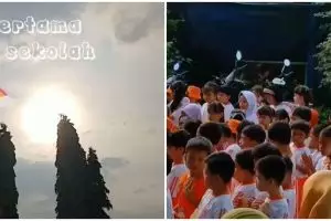 Momen kocak emak antarkan anak hari pertama masuk TK, kelakuannya di depan gerbang bikin nyengir