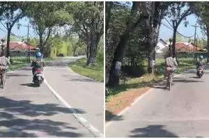 Momen kocak pria bawa tiga kendi di atas kepala sambil kayuh sepeda, skill-nya di luar nalar