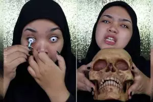 Skill makeup-nya tingkat dewa, perubahan wajah wanita jadi manusia tengkorak ini bikin mata tak kedip