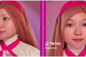 Totalitas tanpa batas, potret wanita makeup Barbie ini bentuk hijabnya bak rambut boneka sungguhan