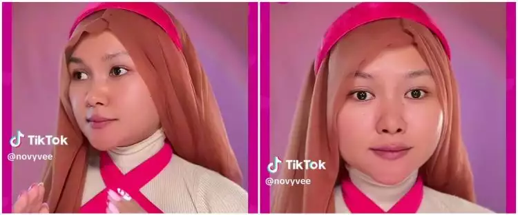 Totalitas tanpa batas, potret wanita makeup Barbie ini bentuk hijabnya bak rambut boneka sungguhan