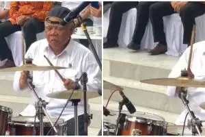 Momen kocak Basuki Hadimuljono tampil nyentrik main drum di UGM, tetap pede meski tempo kejar-kejaran