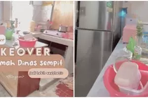 Makeover dapur rumah dinas sempit jadi estetik, pakai wastafel portable biar praktis saat pindahan