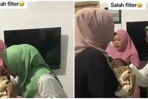 Momen wanita salah pakai filter saat rekam acara akikah ini bikin suasana haru jadi ngakak pol