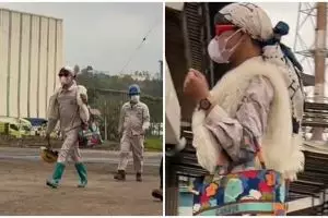 Potret kocak outfit pekerja proyek ini bak sosialita, aksi nyentriknya jadi perhatian satu pabrik