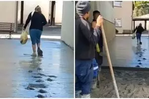 Momen emak-emak dengan santainya lewati jalan yang baru dicor, kaum bapak-bapak cuma bisa pasrah