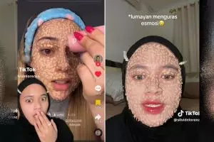 Potret wanita coba makeup challenge pakai 500 totol foundation, wajah bak disemen dan alis auto hilang