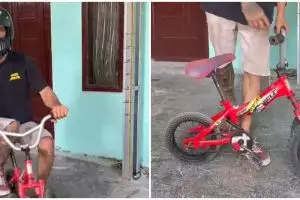 Pria ini modifikasi sepeda bocil jadi super panjang, cara kendarainya di luar dugaan