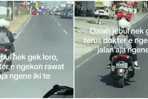 Definisi rawat jalan, momen kocak wanita naik motor sambil diinfus ini bikin geleng kepala