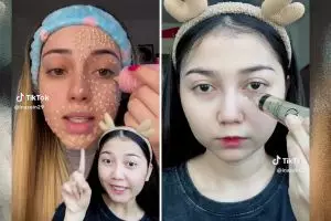 Iseng ikut challenge makeup pakai 500 totol foundation, wanita ini panik wajahnya putih bak diaci
