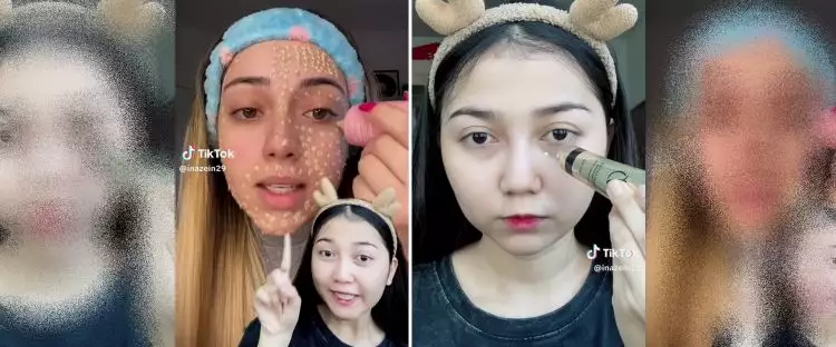 Iseng ikut challenge makeup pakai 500 totol foundation, wanita ini panik wajahnya putih bak diaci