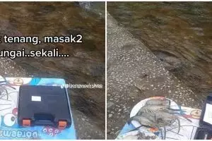 Momen apes pria gagal piknik estetik di pinggir sungai karena salah bawa alat, bikin tepuk jidat
