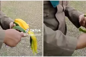 Cara wanita kupas mangga nggak pakai pisau ini sulit ditiru, skillnya di luar nalar