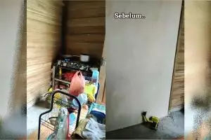 Cuma pakai barang sederhana, 11 potret makeover dapur kayu jadi estetik serba ungu ini bikin mupeng