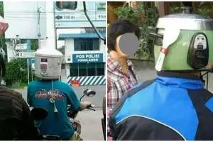 11 Potret kocak orang pakai helm rice cooker ini jadi tontonan pengguna jalan, nyentrik abis