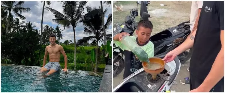 Momen lucu pembalap MotoGP 2 Filip Salac beli bensin eceran dilayani bocah Lombok, panggilannya kocak