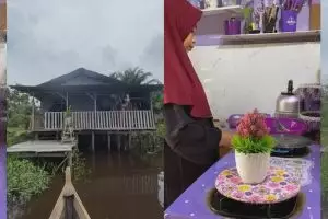 11 Potret dapur kayu mungil serba ungu di tepi sungai suasananya adem & asyik, masak jadi nggak capek