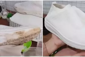 Tanpa dibasahi air, ini cara bersihkan noda tanah di sepatu putih pakai 1 tambahan alat mandi