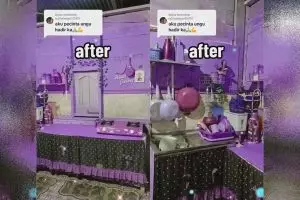 9 Potret dapur kayu perabotan komplit serba ungu ini estetiknya bikin pecinta dekorasi ngejreng mupeng