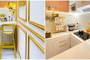 Bukti mewah tak butuh lahan luas, 11 potret dapur mungil pakai mini bar serba kuning-emas ini megah