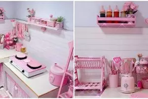 9 Potret dapur mungil ala Korea serba pink pastel ini mewah tanpa kitchen set, bikin mata susah kedip
