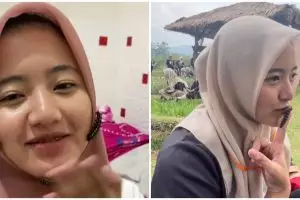 9 Potret gadis berhijab bersahabat dengan ulat bulu, aksinya bikin merinding sekaligus takjub