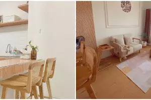 11 Potret dapur tanpa kitchen set didesain segaris dengan ruang tamu, antisumpek meski pakai mini bar