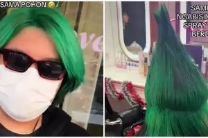 Bukan cosplay jadi Santa Claus, emak-emak ini malah bikin rambutnya jadi mirip pohon Natal