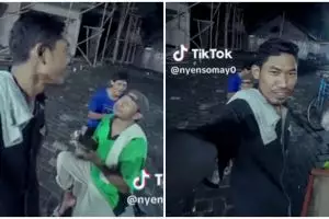 Momen pedagang keliling saling barter dagangan, tetap happy walaupun sepi pembeli