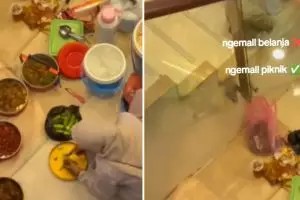 Momen absurd kelakuan emak-emak piknik di mall, santuy gelar tikar dan bawa makanan seabrek dari rumah