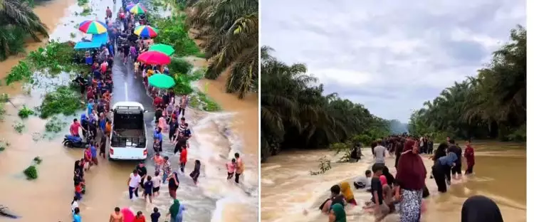 Alih-alih sibuk evakuasi, momen banjir di Riau ini malah jadi tempat wisata warga sekitar