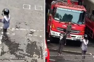 Aksi sederhana petugas persilakan orang tua dan anaknya foto di mobil damkar ini bikin hati tersentuh