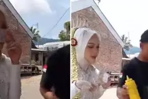 Momen pengantin beli cilok di tengah resepsi ini bikin tamu undangan heran, definisi jajan nomor satu